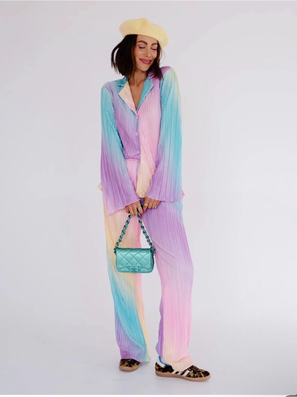 NWT Dressed by LALA Rainbow Plisse Matching Set Pants with Pocket and Top Medium